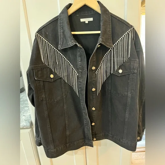 Cowgirl Rhinestone Fringe Black Denim Jacket, VEVERET sz 18. Trucker Glam Biker - Picture 4 of 11